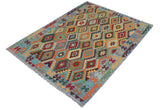 Flat Weave Kilim Antique Navaho Vintage handmade Geometric Kilim Red Blue Hand-Woven Rectangle 100% Wool Area Rug 6x8